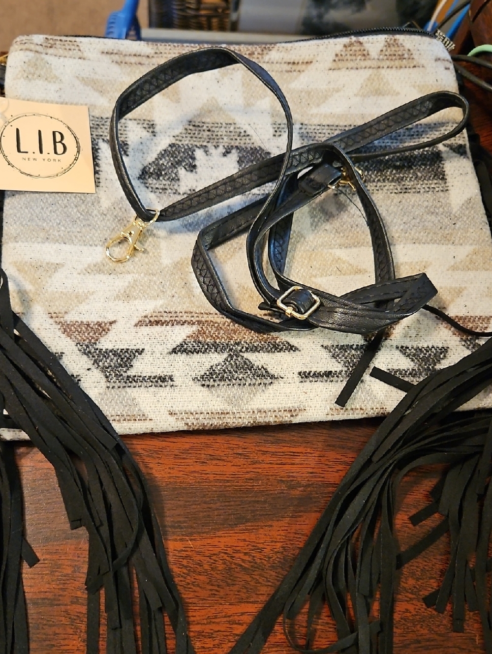 L.I.B. New York Cream & Black Tribal Fringe Crossbody Bag
